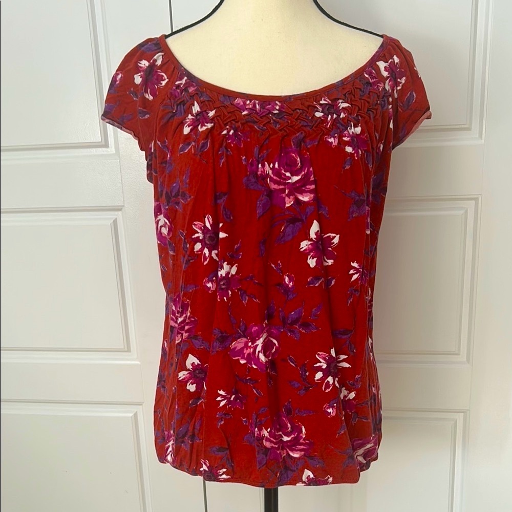 Ann Taylor LOFT Cap Sleeve Smocked Floral Blouse Weaving Detail on Neckline